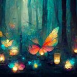 A painting of butterflies in a forest with lanterns.