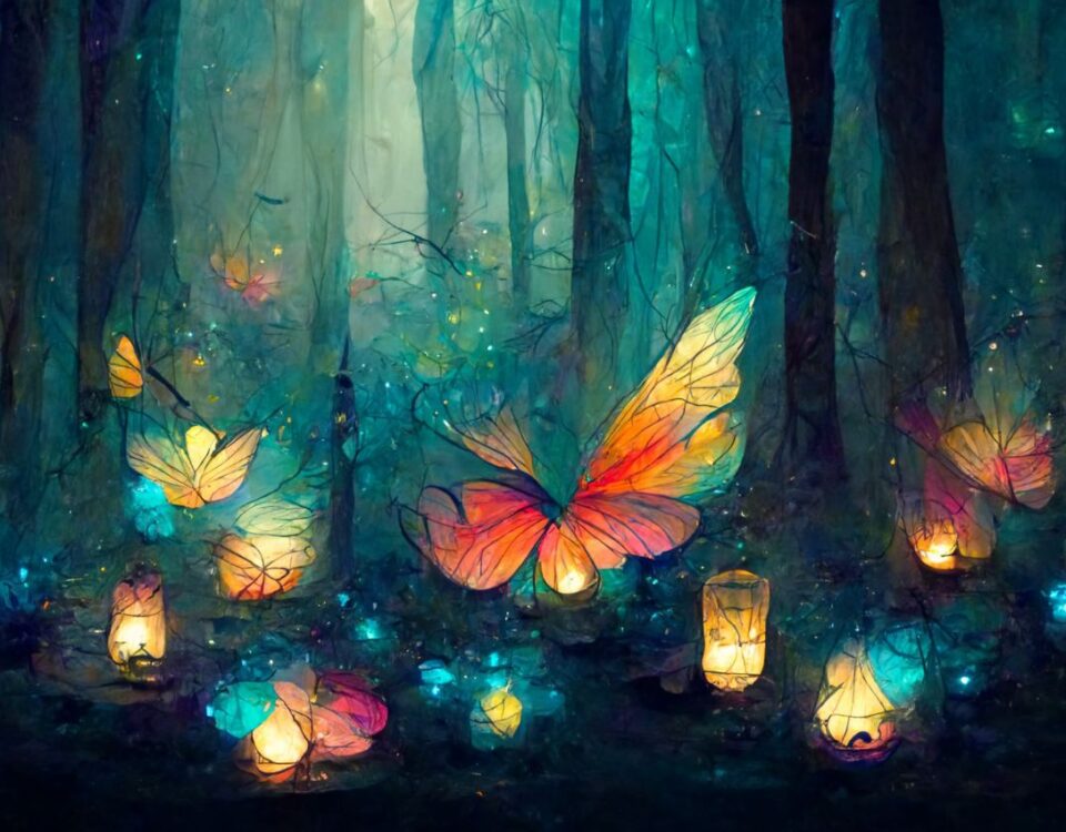 A painting of butterflies in a forest with lanterns.
