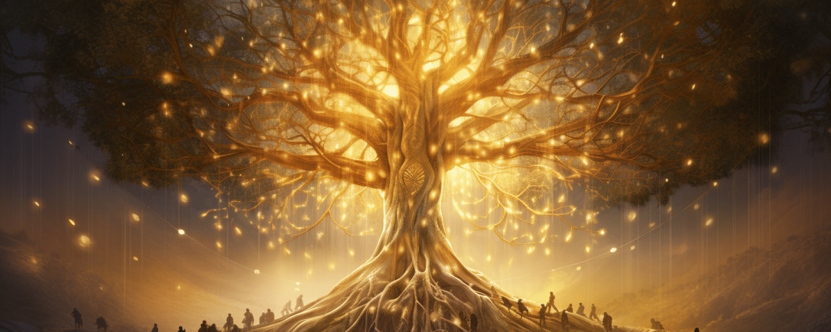 The tree of life surrounded by various individuals, representing ancestry and the interconnectedness of the family.