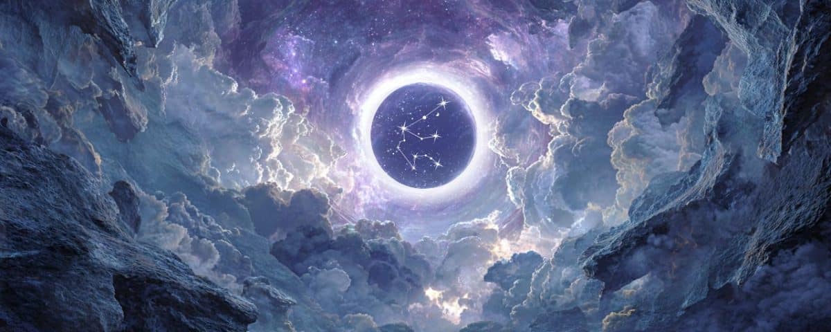 An artistic representation of a luminous star constellation twinkling in a dark sky, with hints of swirling clouds around it.