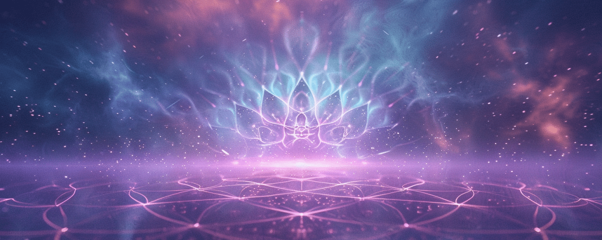 Intricate sacred geometry representing the cosmos, featuring the flower of life and a light lotus opening.