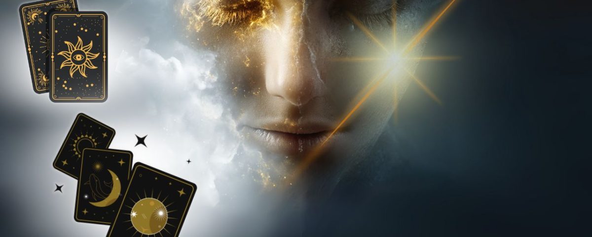 Ethereal face emerging from clouds with golden light around the eyes, surrounded by celestial-themed oracle cards with sun, moon, and star symbols