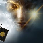 Ethereal face emerging from clouds with golden light around the eyes, surrounded by celestial-themed oracle cards with sun, moon, and star symbols