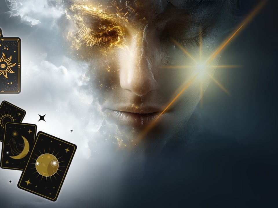 Ethereal face emerging from clouds with golden light around the eyes, surrounded by celestial-themed oracle cards with sun, moon, and star symbols