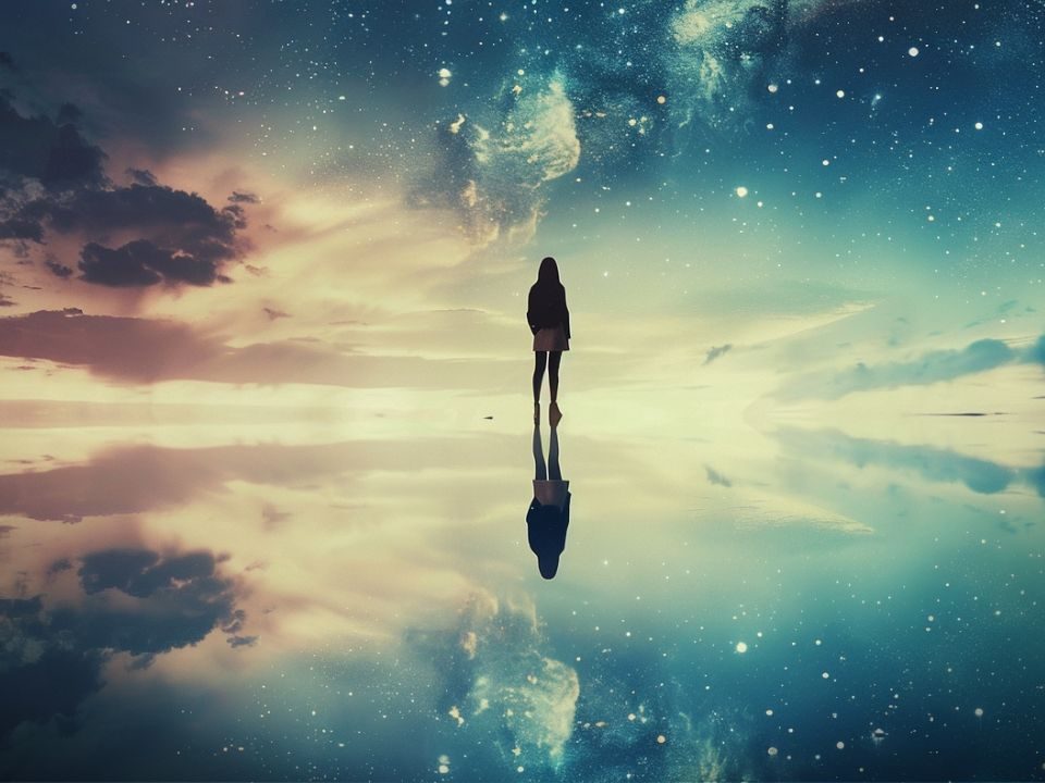 A beach scene featuring a person standing alone, surrounded by a vast sky filled with bright stars, which are reflected in the calm water.