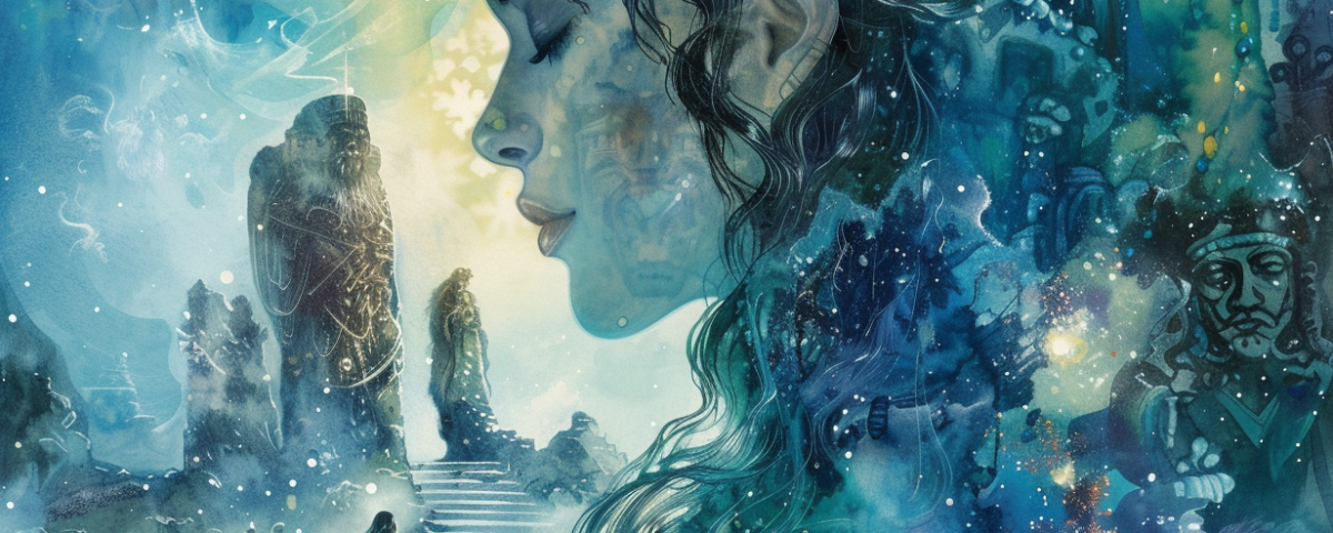 A woman overlooks a staircase, silhouetted against a bright moon in the night sky.