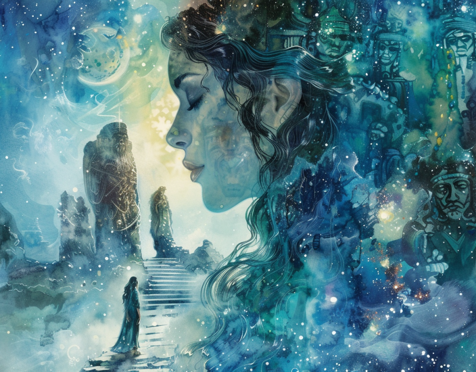 A woman overlooks a staircase, silhouetted against a bright moon in the night sky.