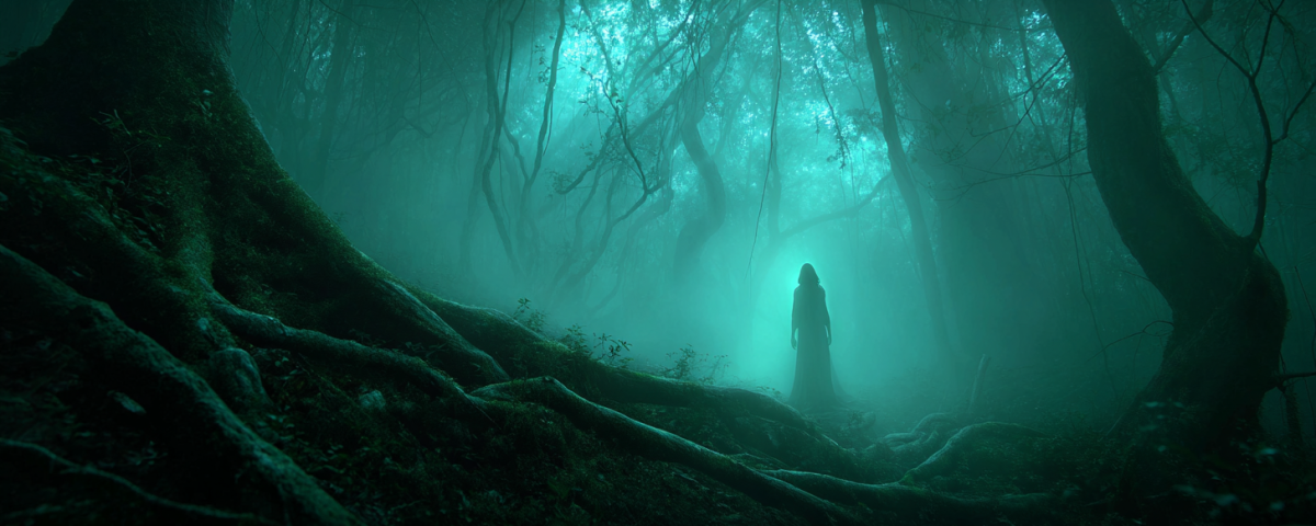 A spirit stands alone in a dark forest, surrounded by tall trees and shadows, creating a mystical atmosphere.