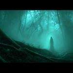 A spirit stands alone in a dark forest, surrounded by tall trees and shadows, creating a mystical atmosphere.