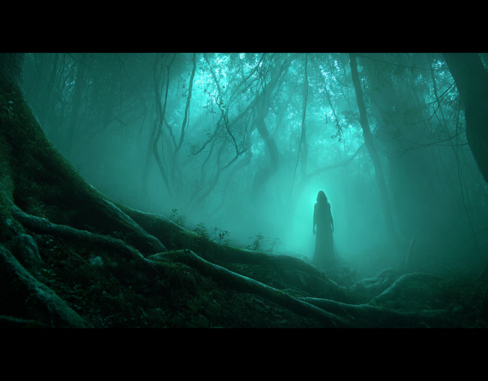 A spirit stands alone in a dark forest, surrounded by tall trees and shadows, creating a mystical atmosphere.