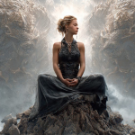 A woman sits atop a rocky summit, keeping her center while surrounded by chaotic energies.