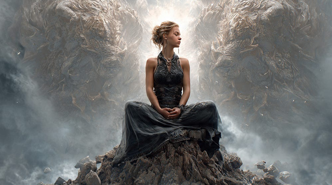 A woman sits atop a rocky summit, keeping her center while surrounded by chaotic energies.