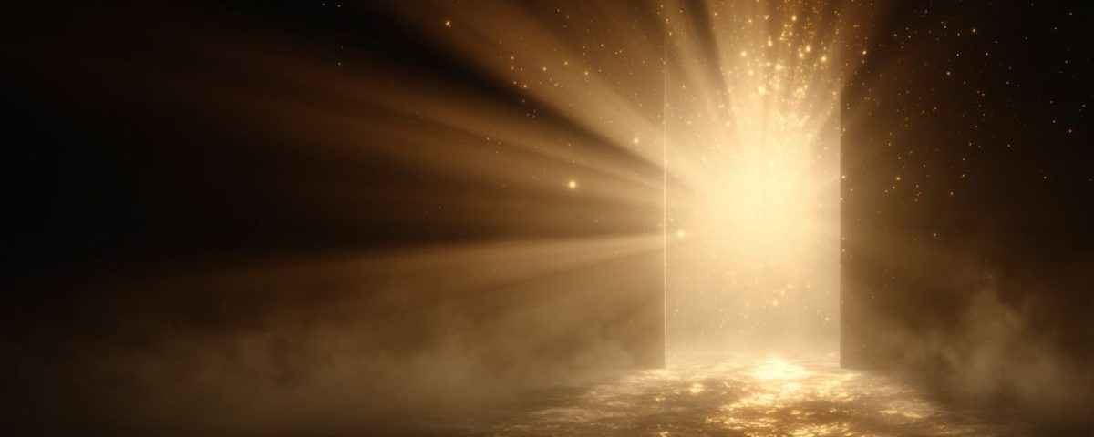 An open door lets in golden light, creating a striking contrast with the surrounding darkness.