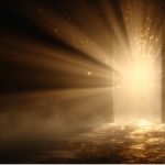 An open door lets in golden light, creating a striking contrast with the surrounding darkness.