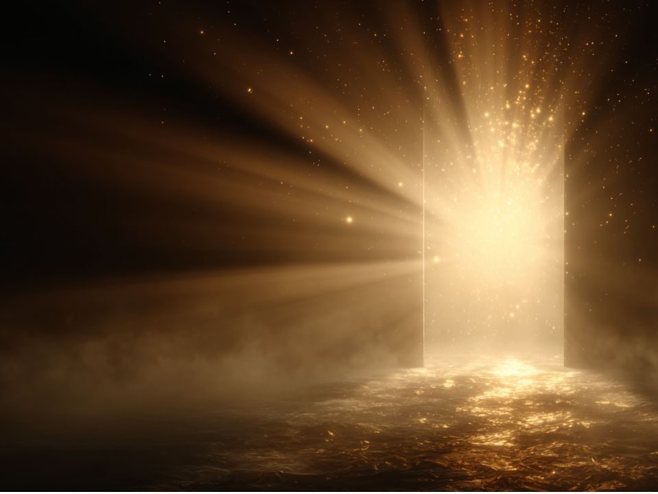 An open door lets in golden light, creating a striking contrast with the surrounding darkness.