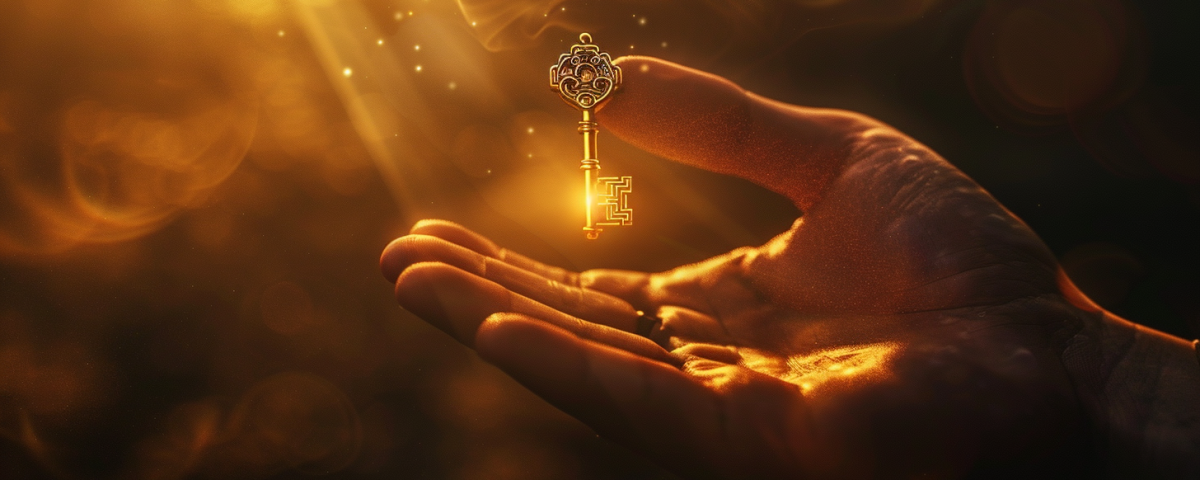 A person's hand with a key floating above it, mystical rays of light shine down from above, signifying magic and the readiness to unlock something important.