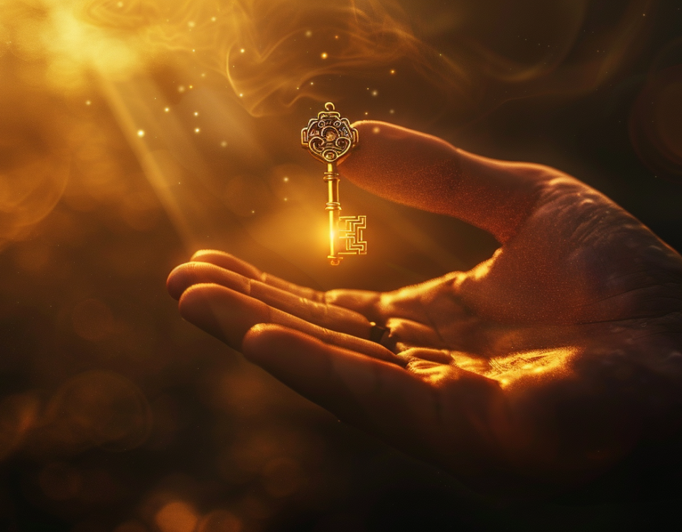 A person's hand with a key floating above it, mystical rays of light shine down from above, signifying magic and the readiness to unlock something important.