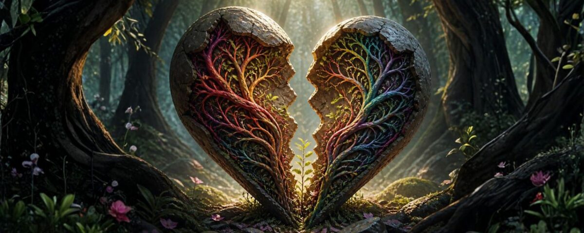 A heart split in two, with roots extending throughout, symbolizing the roots of broken heart establishing a pattern that is still active.