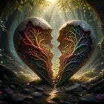 A heart split in two, with roots extending throughout, symbolizing the roots of broken heart establishing a pattern that is still active.