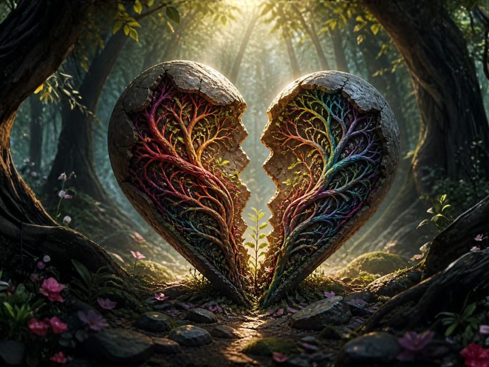 A heart split in two, with roots extending throughout, symbolizing the roots of broken heart establishing a pattern that is still active.