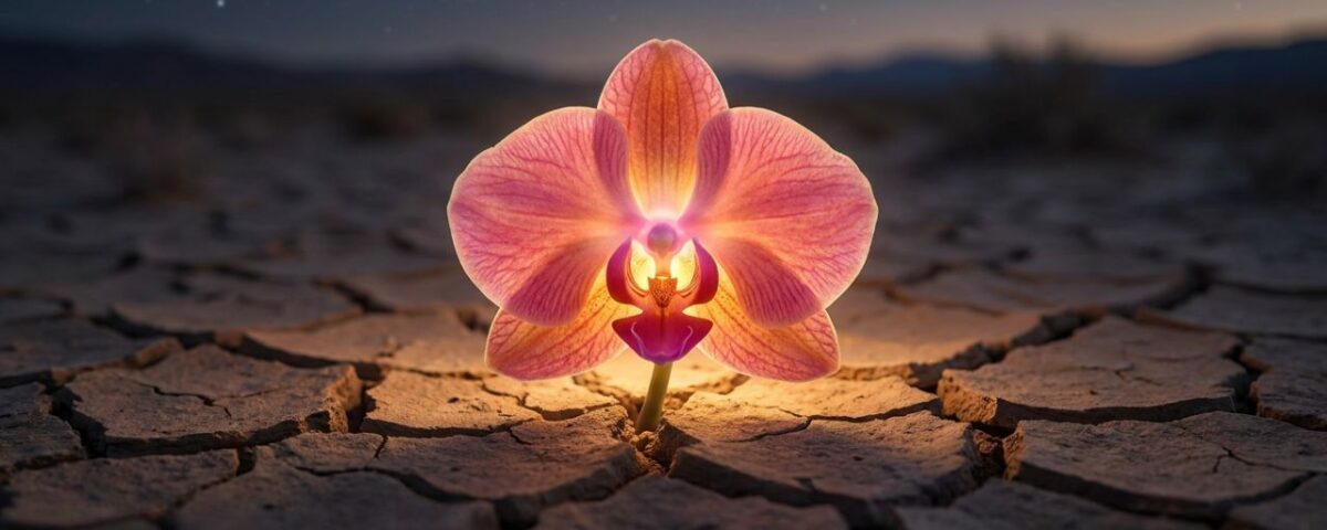A single pink orchid contrasts with the barren desert surroundings, showcasing resilience in a harsh environment.