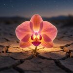 A single pink orchid contrasts with the barren desert surroundings, showcasing resilience in a harsh environment.