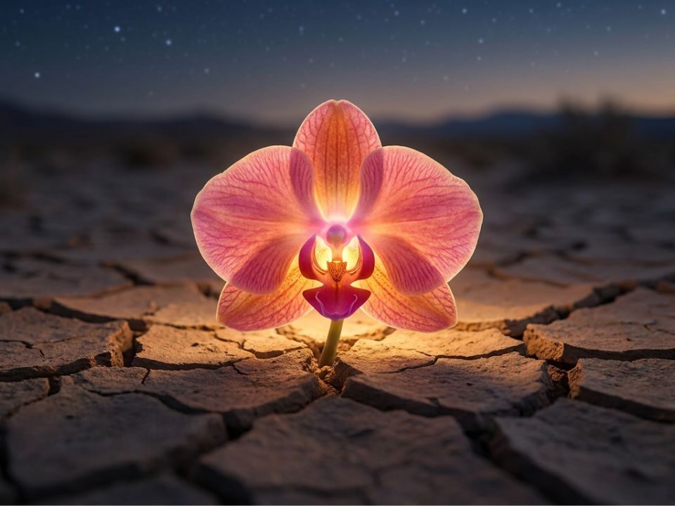 A single pink orchid contrasts with the barren desert surroundings, showcasing resilience in a harsh environment.