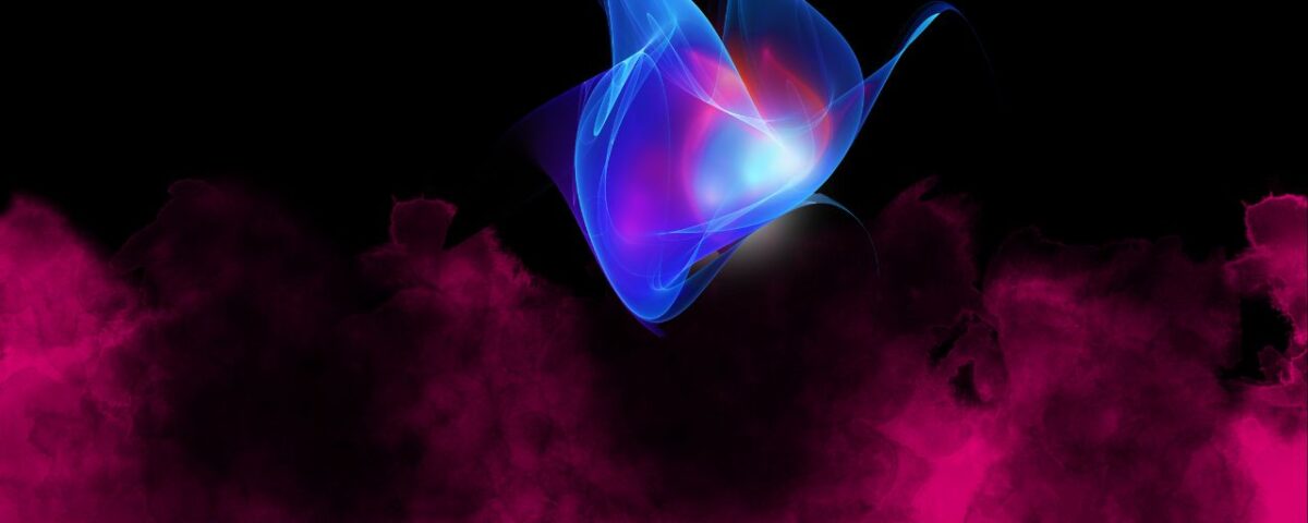 A blue and pink butterfly with a vibrant light radiating from within emerging from red flames.