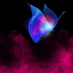 A blue and pink butterfly with a vibrant light radiating from within emerging from red flames.