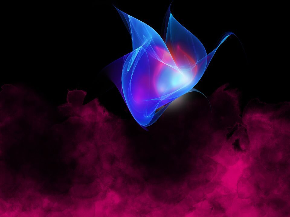 A blue and pink butterfly with a vibrant light radiating from within emerging from red flames.