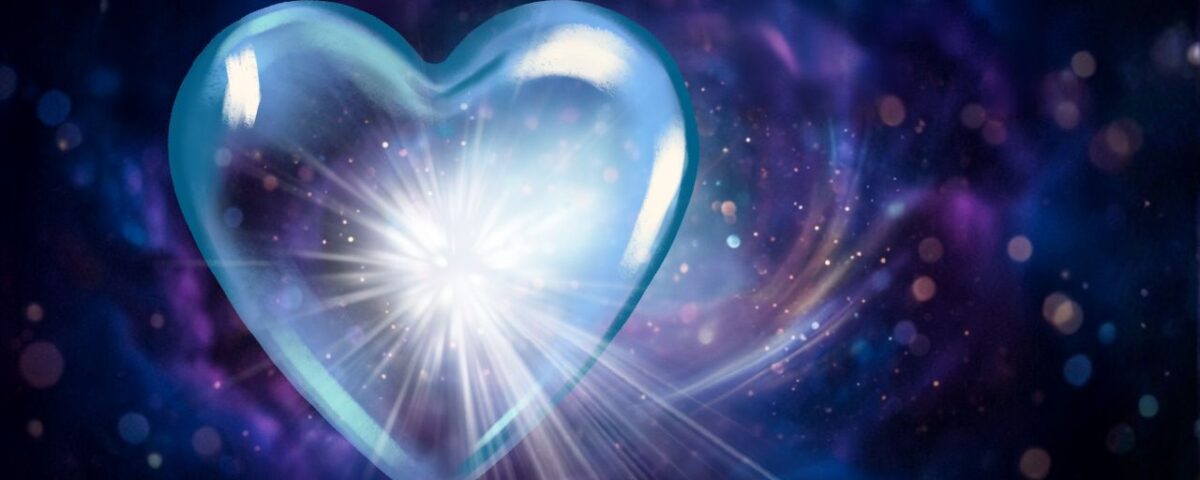 Light shines through a transparent heart in the cosmos, radiating light, producing a spectrum of colors on the surrounding area.