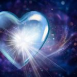 Light shines through a transparent heart in the cosmos, radiating light, producing a spectrum of colors on the surrounding area.