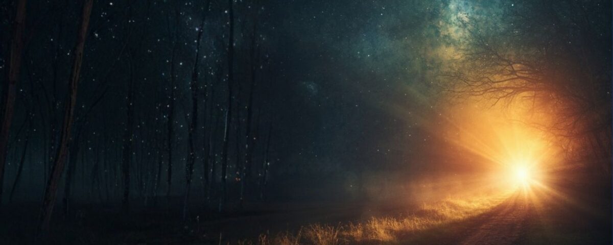 A pathway leads into a radiant light in the sky, representing a journey towards enlightenment or new beginnings.