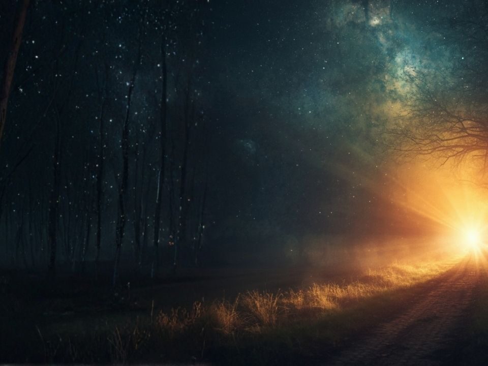 A pathway leads into a radiant light in the sky, representing a journey towards enlightenment or new beginnings.