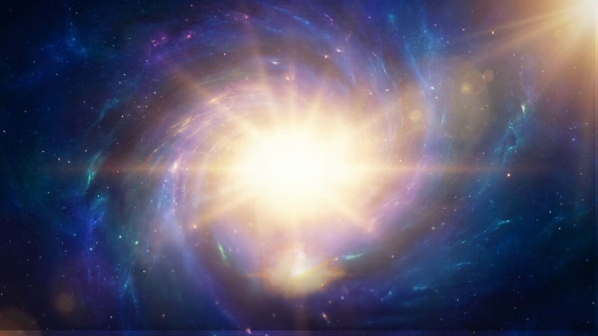 A stunning spiral galaxy with bright colors and a starry backdrop.