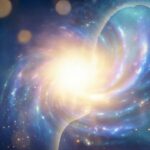 A person stands illuminated by the bright light of their soul, casting a strong glow around them in a dark cosmic environment.