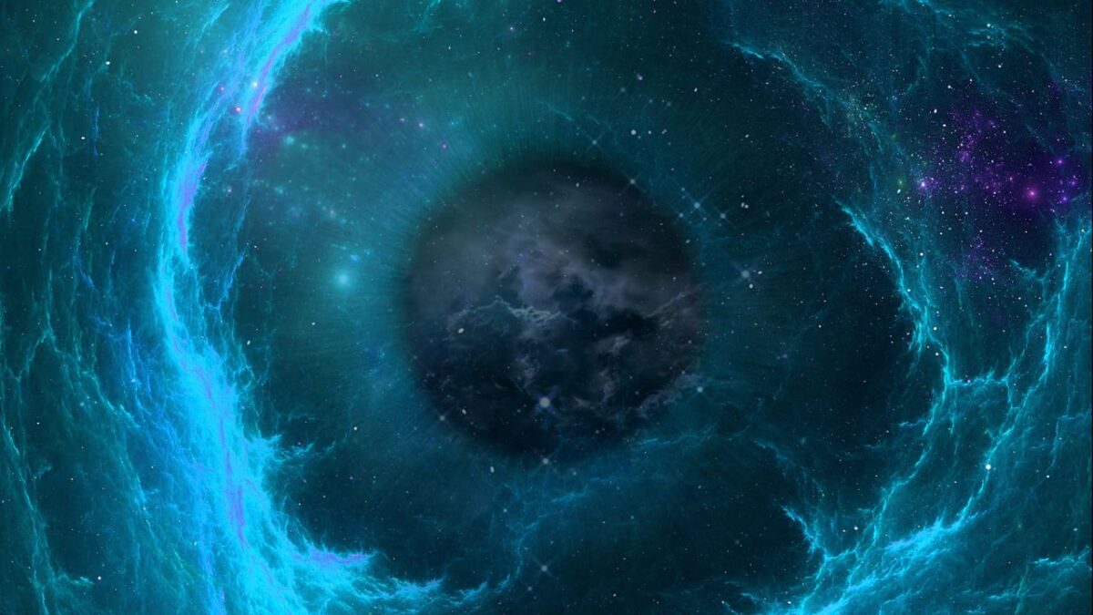A cosmic scene featuring a circular wave that resembles an eye, representing a black hole in the vastness of space.