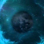 A cosmic scene featuring a circular wave that resembles an eye, representing a black hole in the vastness of space.