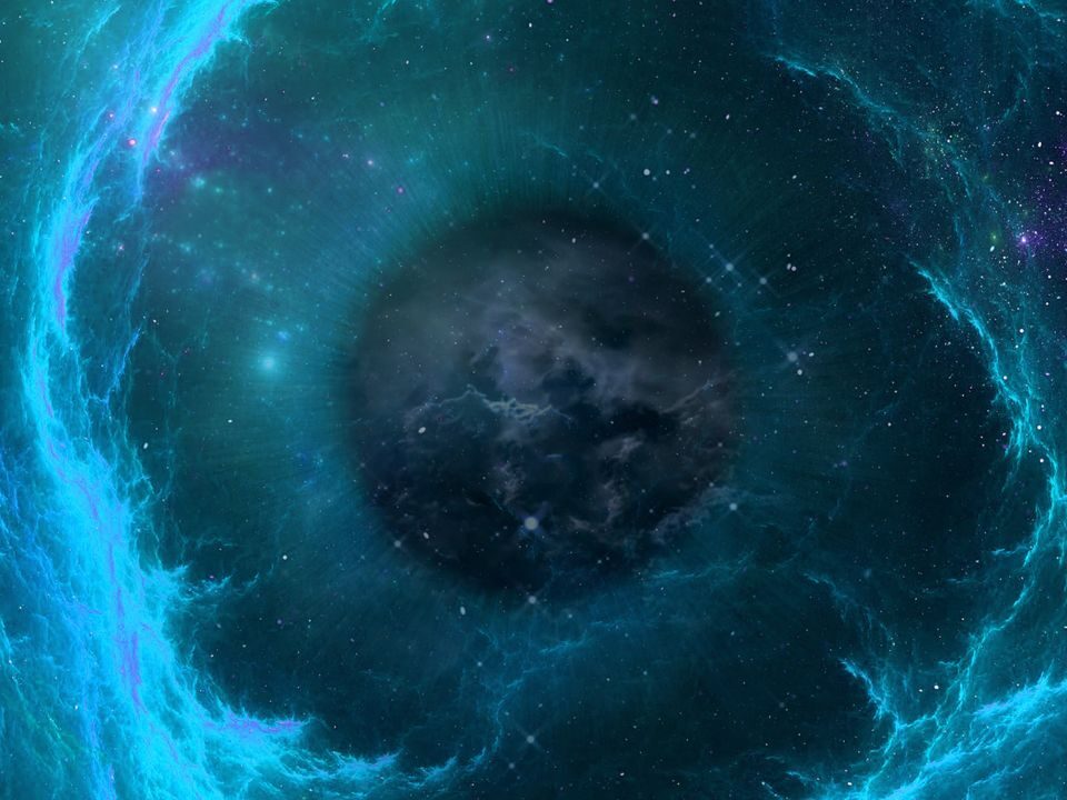 A cosmic scene featuring a circular wave that resembles an eye, representing a black hole in the vastness of space.