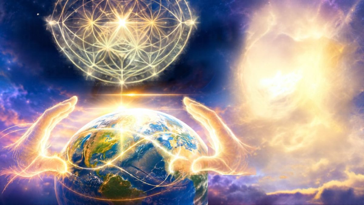 The Earth is cradled by two hands sending healing energy, with a radiant star above, representing global stewardship and hope for the future.