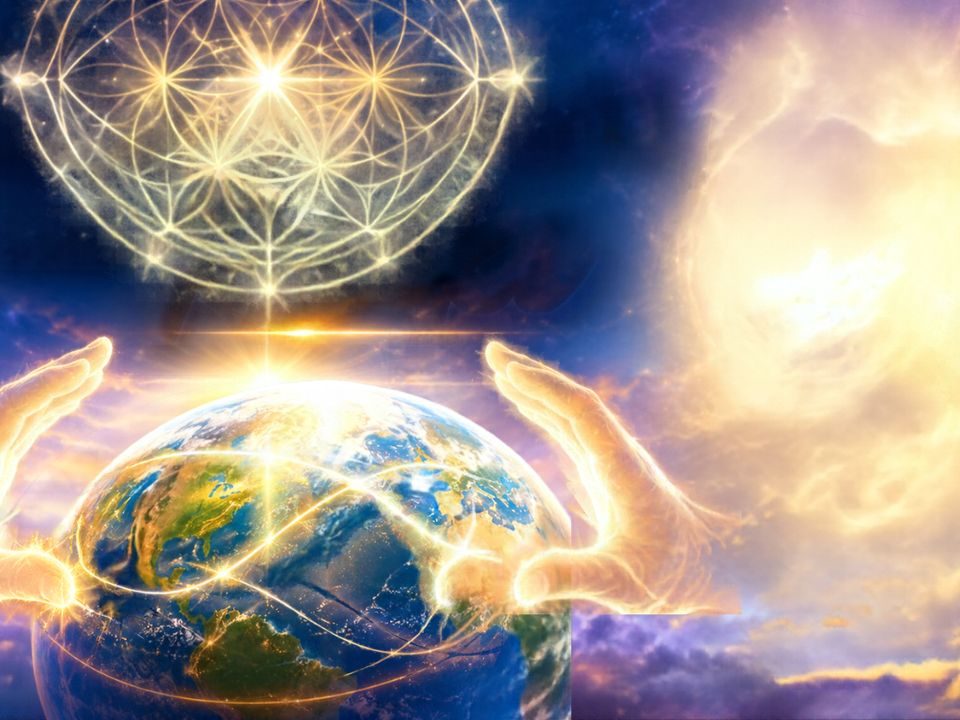 The Earth is cradled by two hands sending healing energy, with a radiant star above, representing global stewardship and hope for the future.